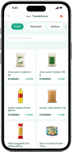 App de caja TiendaCrece en el celular con productos de bodega