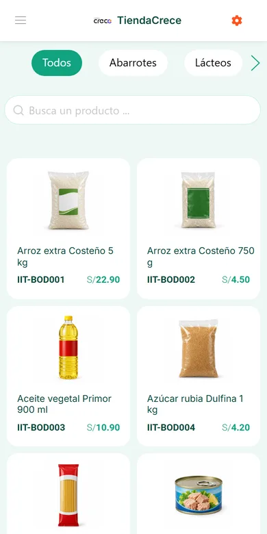 TiendaCrece en el celular, con productos de la demo
